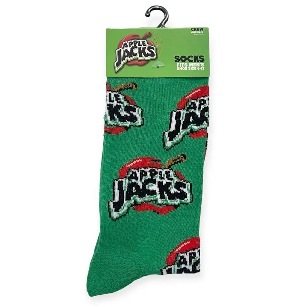 Kellogg’s Apple Jacks Men’s Green Fun Print Novelty Crew Socks Shoe Size 6-12